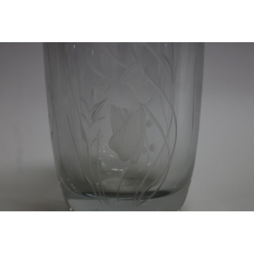 128 - Art Deco etched glass ovoid vase with goldfish, approx 17cm H