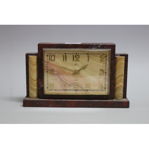 129 - Art Deco rouge and sienna marble mantle clock with gilt numbers, Omega 8 day movement, untested / un... 