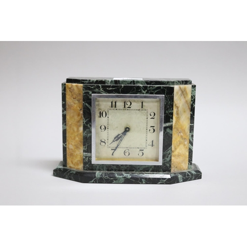 130 - Small Art Deco mantle clock of green and sienna marble, untested / unknown working condition, approx... 