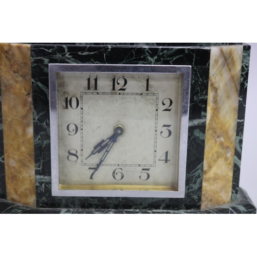 130 - Small Art Deco mantle clock of green and sienna marble, untested / unknown working condition, approx... 