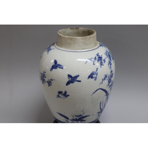 168 - Japanese porcelain covered jar decorated in blue and white birds and peonies (AF) on stand, total ap... 