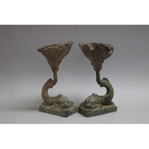 188 - Pair of spelter tazzas in the form of dolphins and shells, each approx 32cm H (2)