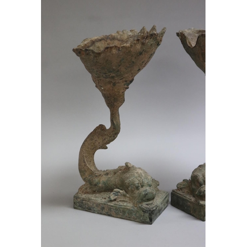 188 - Pair of spelter tazzas in the form of dolphins and shells, each approx 32cm H (2)