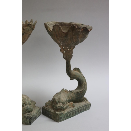 188 - Pair of spelter tazzas in the form of dolphins and shells, each approx 32cm H (2)