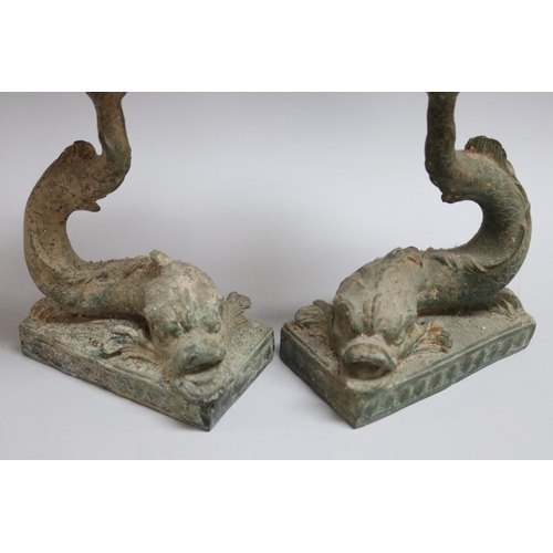 188 - Pair of spelter tazzas in the form of dolphins and shells, each approx 32cm H (2)