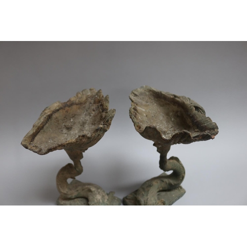 188 - Pair of spelter tazzas in the form of dolphins and shells, each approx 32cm H (2)