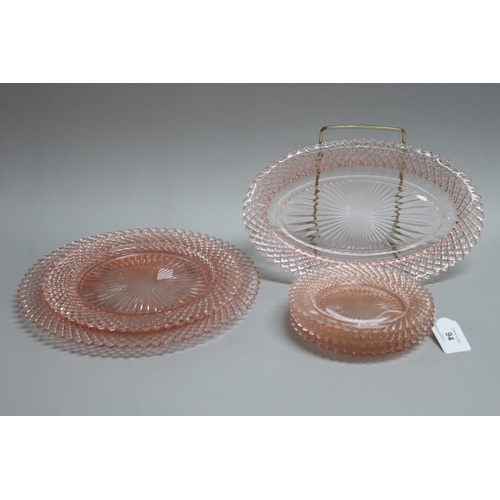 94 - Set of six pressed peach glass table ware plates, approx 26cm Dia and smaller (6)