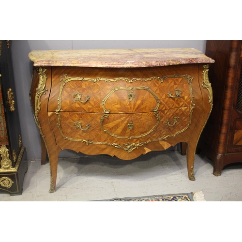1097 - Early 20th century French marble topped two drawer bombe commode. King wood veneer with brass mounts... 