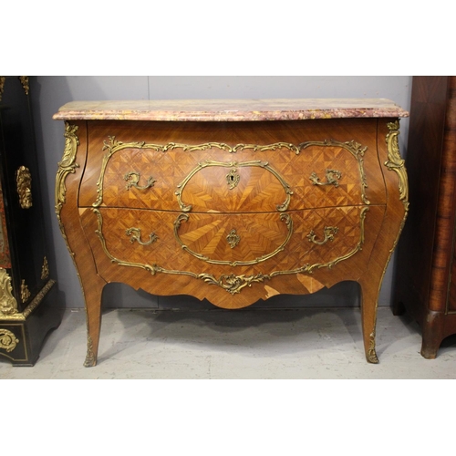1097 - Early 20th century French marble topped two drawer bombe commode. King wood veneer with brass mounts... 