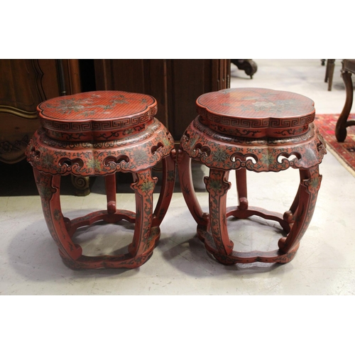 1116 - Pair of Chinese red lacquer barrel stools, with incised and painted bird and foliage decoration, pie... 