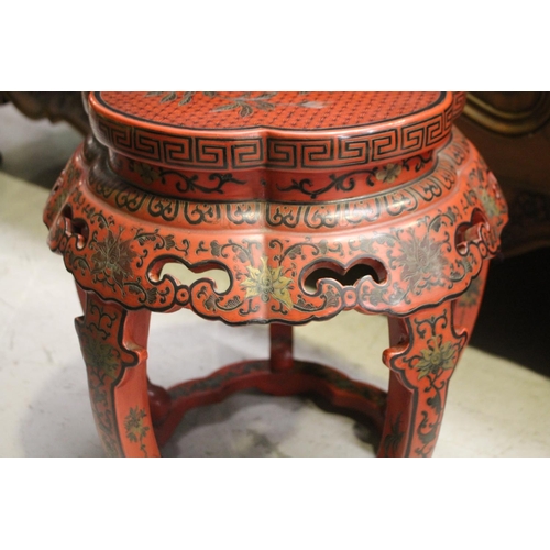 1116 - Pair of Chinese red lacquer barrel stools, with incised and painted bird and foliage decoration, pie... 