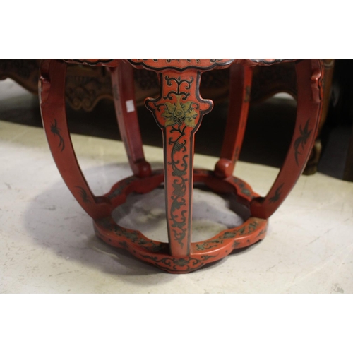 1116 - Pair of Chinese red lacquer barrel stools, with incised and painted bird and foliage decoration, pie... 