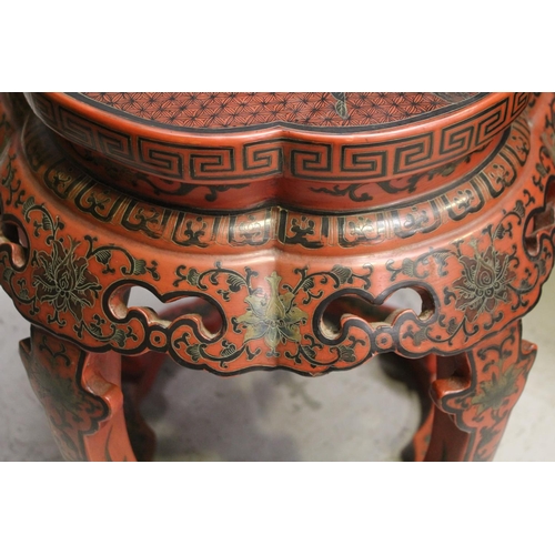 1116 - Pair of Chinese red lacquer barrel stools, with incised and painted bird and foliage decoration, pie... 