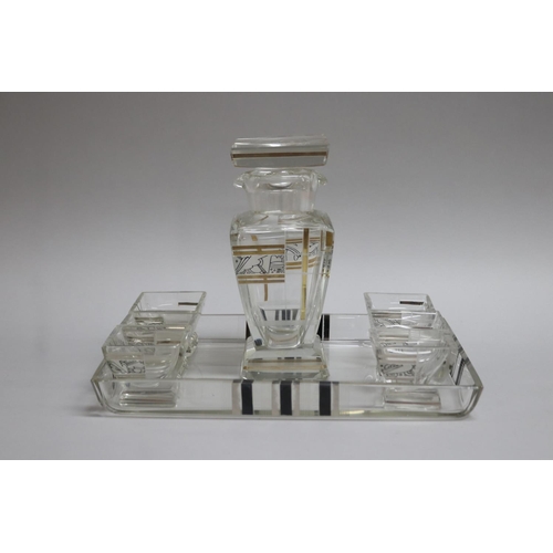 156 - Art Deco liqueur set comprising six glasses and decanter with gilt and etched decoration on a tray