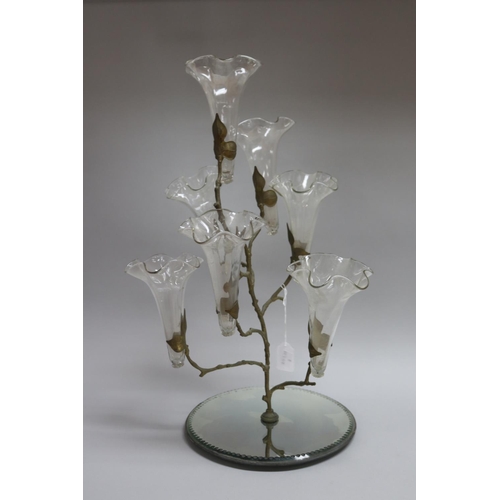 160 - Late Victorian epergne with seven flute vases, mounted in a silver plate and mirrored base, approx 5... 