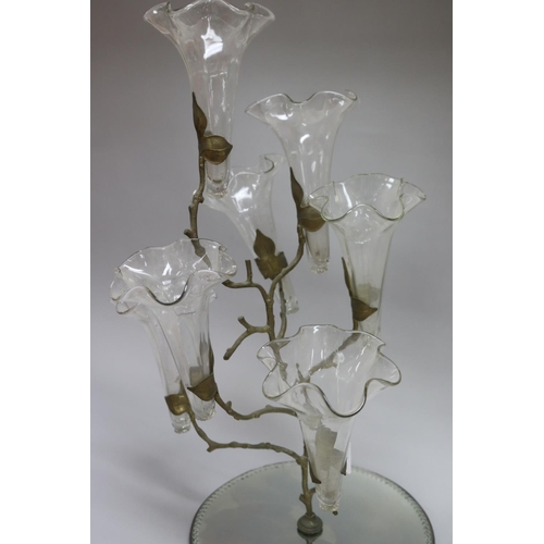 160 - Late Victorian epergne with seven flute vases, mounted in a silver plate and mirrored base, approx 5... 