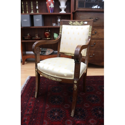 172 - French Charles X style sabre leg desk chair, with applied cast metal mounts, satin bee upholstered b... 