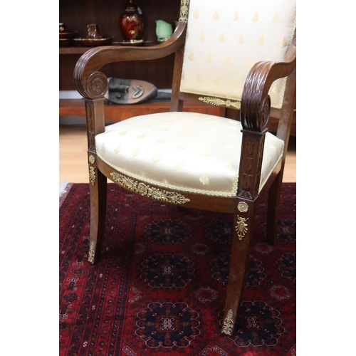 172 - French Charles X style sabre leg desk chair, with applied cast metal mounts, satin bee upholstered b... 