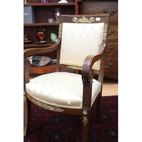 172 - French Charles X style sabre leg desk chair, with applied cast metal mounts, satin bee upholstered b... 