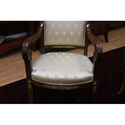 172 - French Charles X style sabre leg desk chair, with applied cast metal mounts, satin bee upholstered b... 