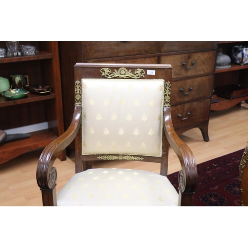 172 - French Charles X style sabre leg desk chair, with applied cast metal mounts, satin bee upholstered b... 