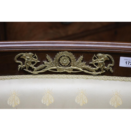 172 - French Charles X style sabre leg desk chair, with applied cast metal mounts, satin bee upholstered b... 