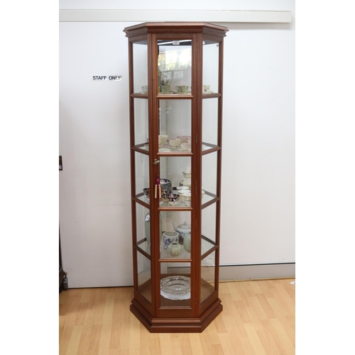 181 - Modern tall hexagonal shape glazed display cabinet, approx 194cm H x 66cm W x 57cm D