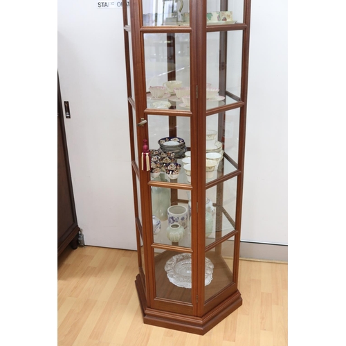 181 - Modern tall hexagonal shape glazed display cabinet, approx 194cm H x 66cm W x 57cm D