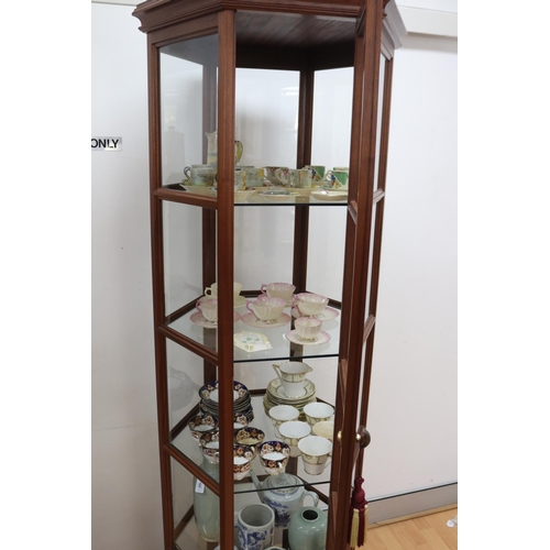 181 - Modern tall hexagonal shape glazed display cabinet, approx 194cm H x 66cm W x 57cm D