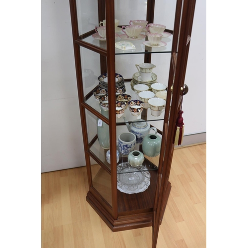 181 - Modern tall hexagonal shape glazed display cabinet, approx 194cm H x 66cm W x 57cm D