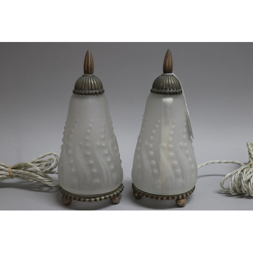 206 - Pair of Art Deco bell shaped frosted glass and nickel plated table lamps, untested / unknown working... 