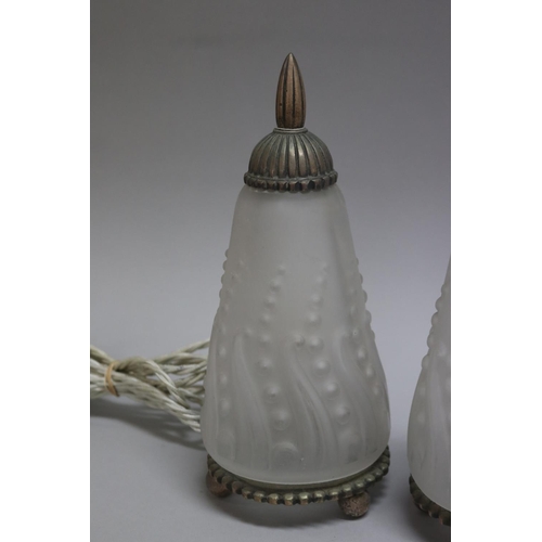 206 - Pair of Art Deco bell shaped frosted glass and nickel plated table lamps, untested / unknown working... 