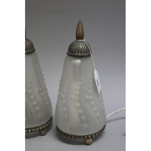 206 - Pair of Art Deco bell shaped frosted glass and nickel plated table lamps, untested / unknown working... 