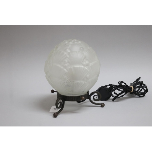 207 - Frosted glass ball form lamp on metal base, untested / unknown working condition, approx 19cm H