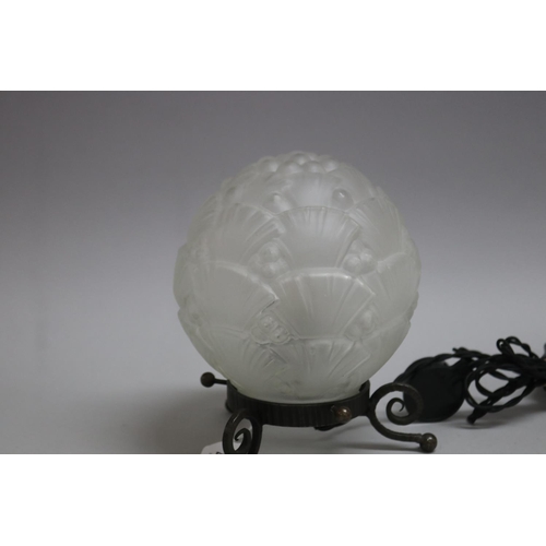 207 - Frosted glass ball form lamp on metal base, untested / unknown working condition, approx 19cm H