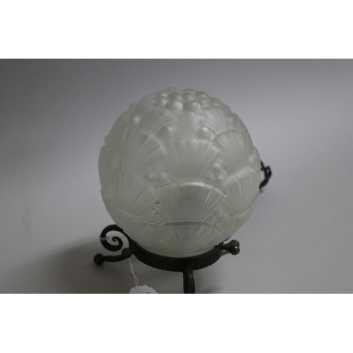 207 - Frosted glass ball form lamp on metal base, untested / unknown working condition, approx 19cm H