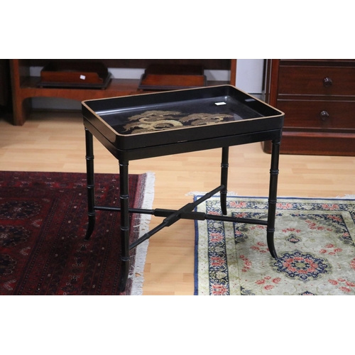 217 - Japanese lacquer tray on bamboo stand, total approx 56cm H x 61cm W x 42cm D