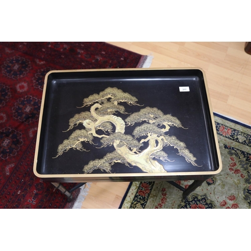 217 - Japanese lacquer tray on bamboo stand, total approx 56cm H x 61cm W x 42cm D