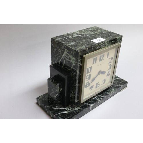 219 - Art Deco green marble mantle clock retailed by Hardy Bros Ltd, has key (in office D3615-1-389), unte... 