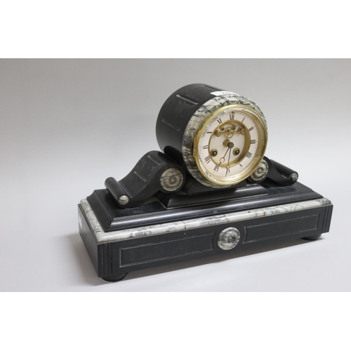 220 - Victorian slate and grey marble cased mantle clock with visible escapement, has key and pendulum (in... 