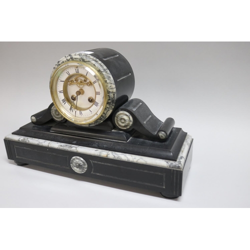 220 - Victorian slate and grey marble cased mantle clock with visible escapement, has key and pendulum (in... 