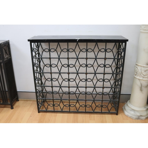 228 - Art Deco marble topped bronzed iron radiator grill console, approx 89cm H x 98cm W x 27cm D