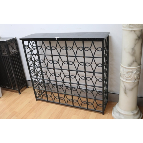 228 - Art Deco marble topped bronzed iron radiator grill console, approx 89cm H x 98cm W x 27cm D