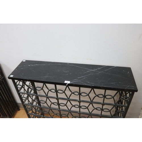 228 - Art Deco marble topped bronzed iron radiator grill console, approx 89cm H x 98cm W x 27cm D