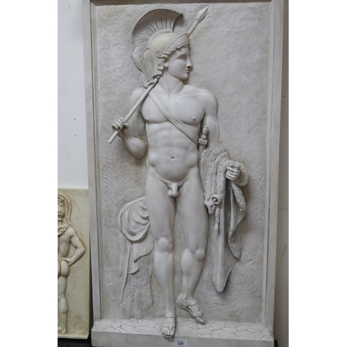 229 - Composition plaque of a nude gladiator by Brian Burrows and a smaller resin plaque example, approx 1... 