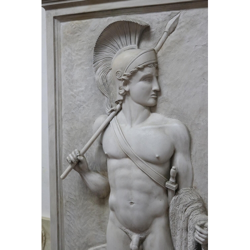 229 - Composition plaque of a nude gladiator by Brian Burrows and a smaller resin plaque example, approx 1... 