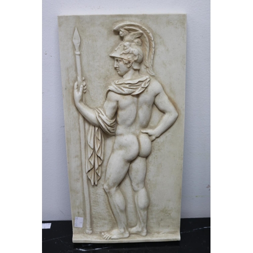 229 - Composition plaque of a nude gladiator by Brian Burrows and a smaller resin plaque example, approx 1... 