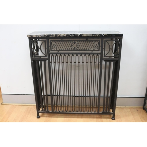 230 - Good quality French Art Deco marble topped iron radiator surround console, approx 84cm H x 78cm W x ... 