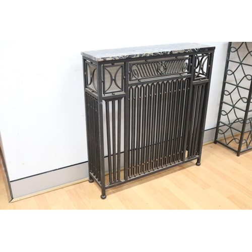 230 - Good quality French Art Deco marble topped iron radiator surround console, approx 84cm H x 78cm W x ... 