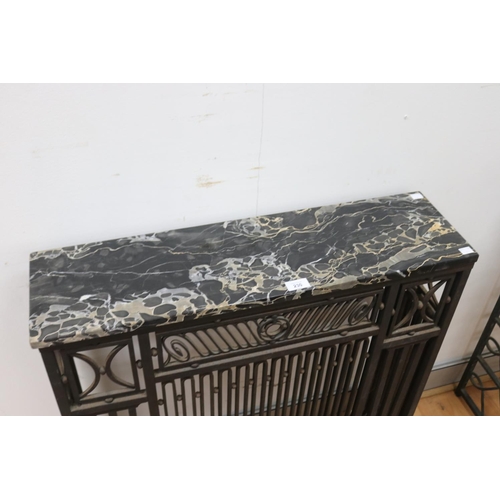 230 - Good quality French Art Deco marble topped iron radiator surround console, approx 84cm H x 78cm W x ... 